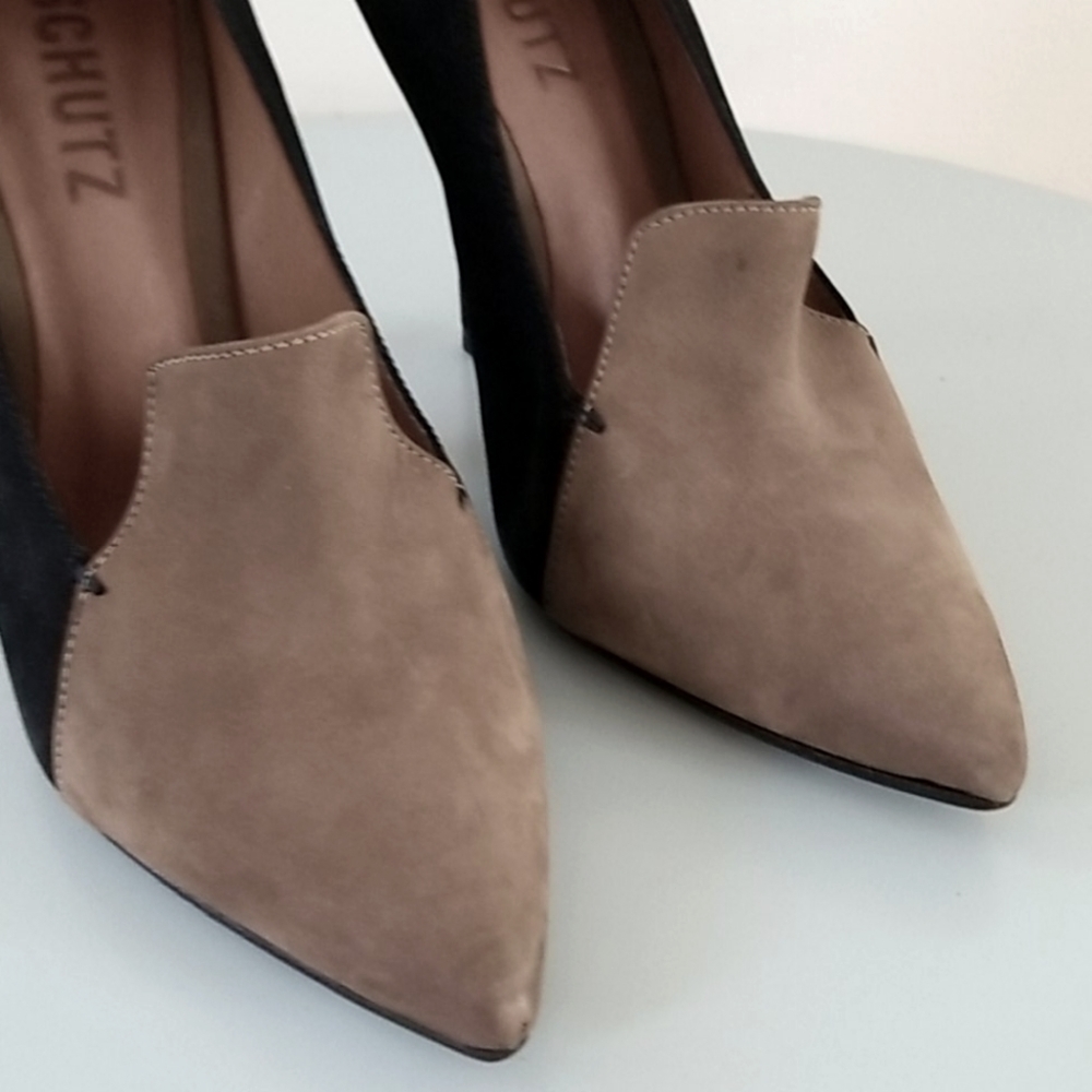 Schutz Black & Tan Pointy Toe Loafer Suede Pumps - Picture 6 of 14